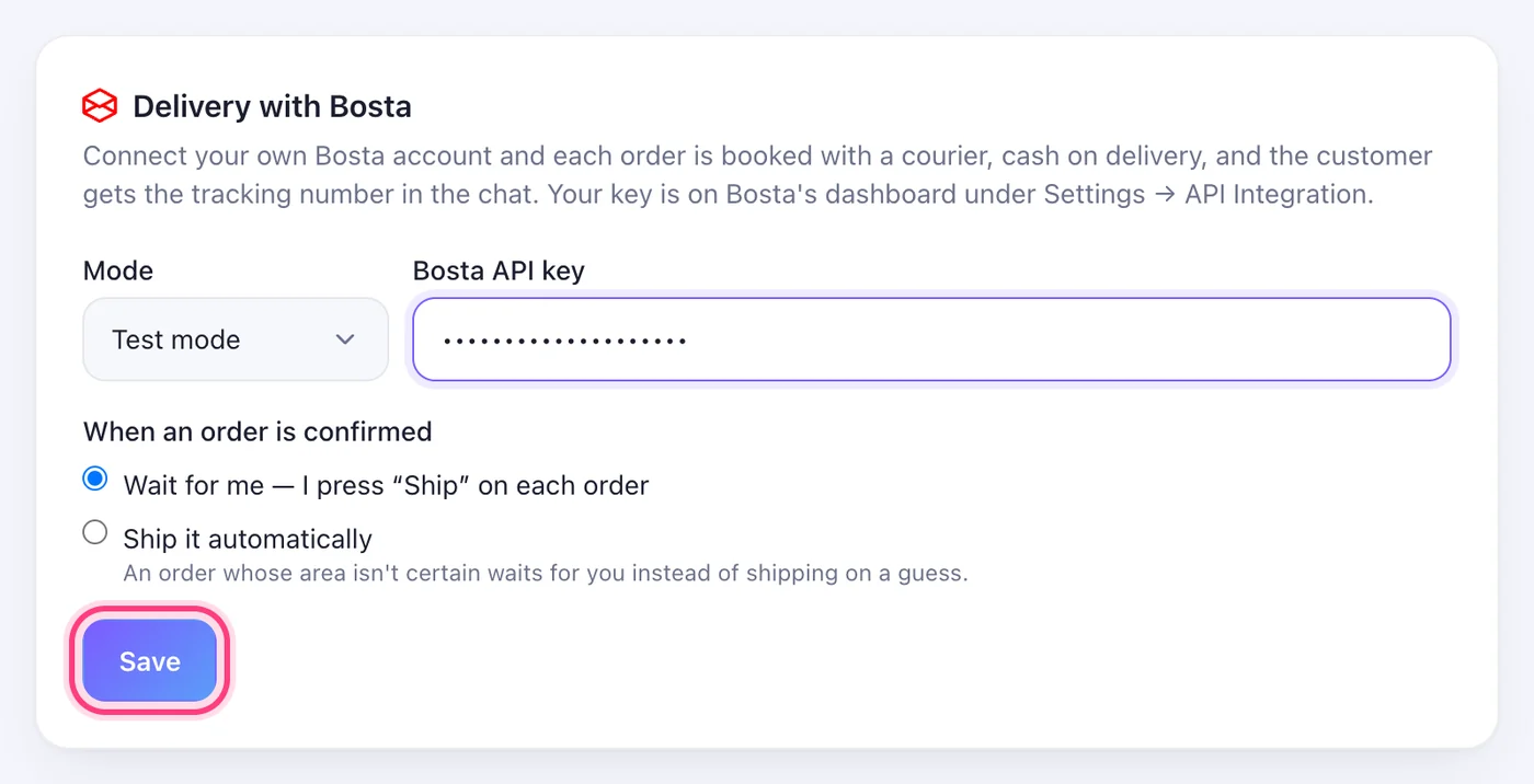 Paste it, choose how orders go out, and Save