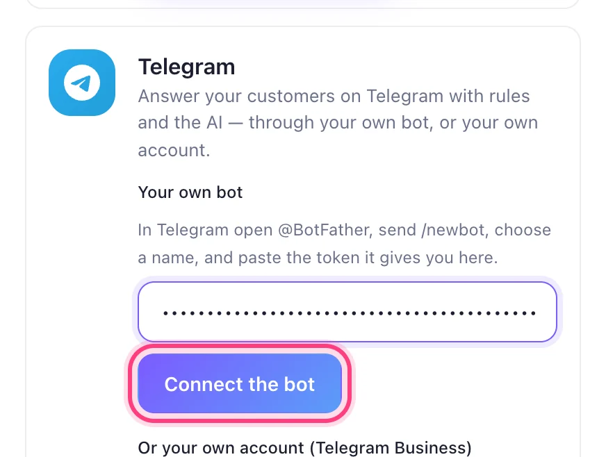 Paste the token and press “Connect the bot”
