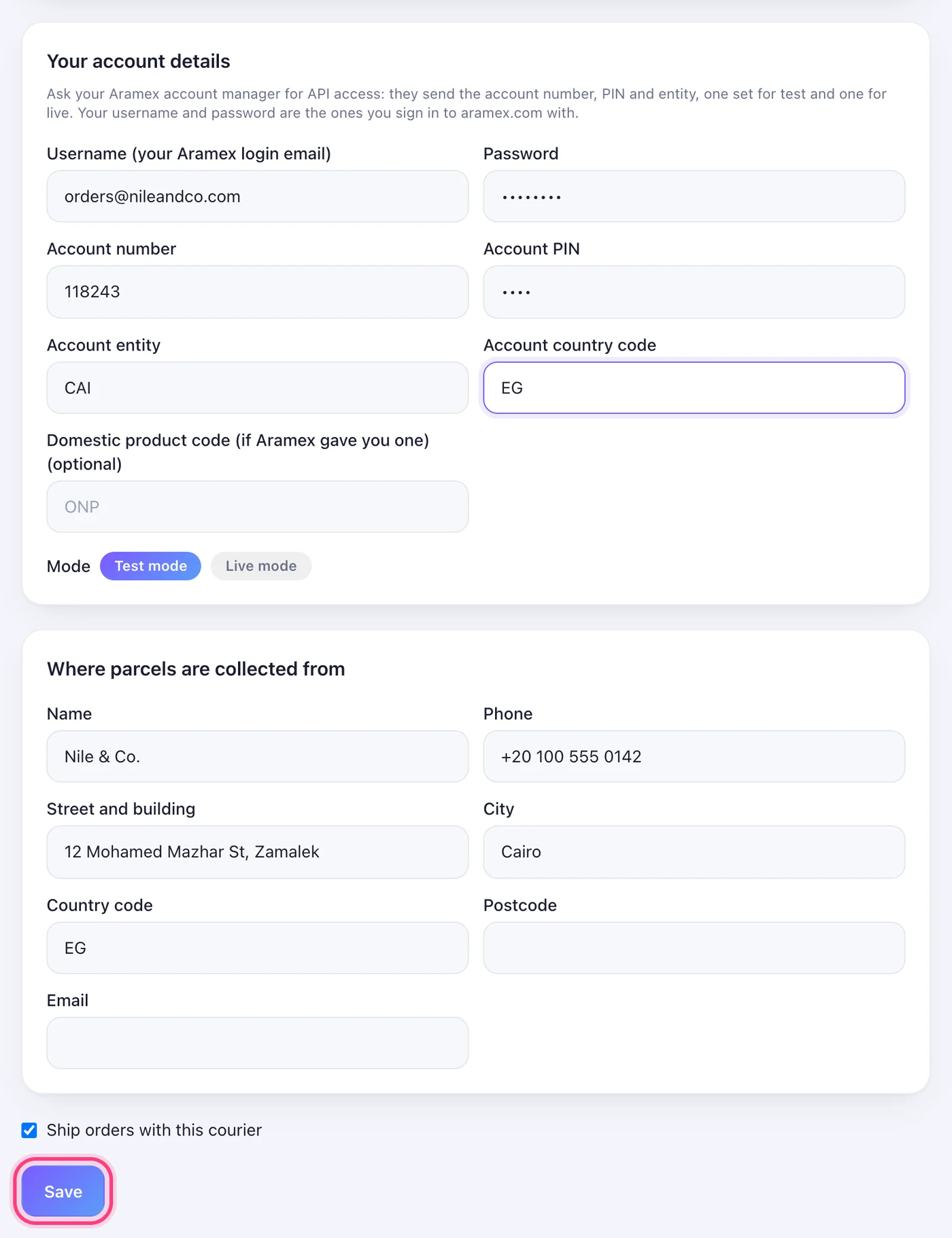 Fill in your account details and the pickup address, and Save