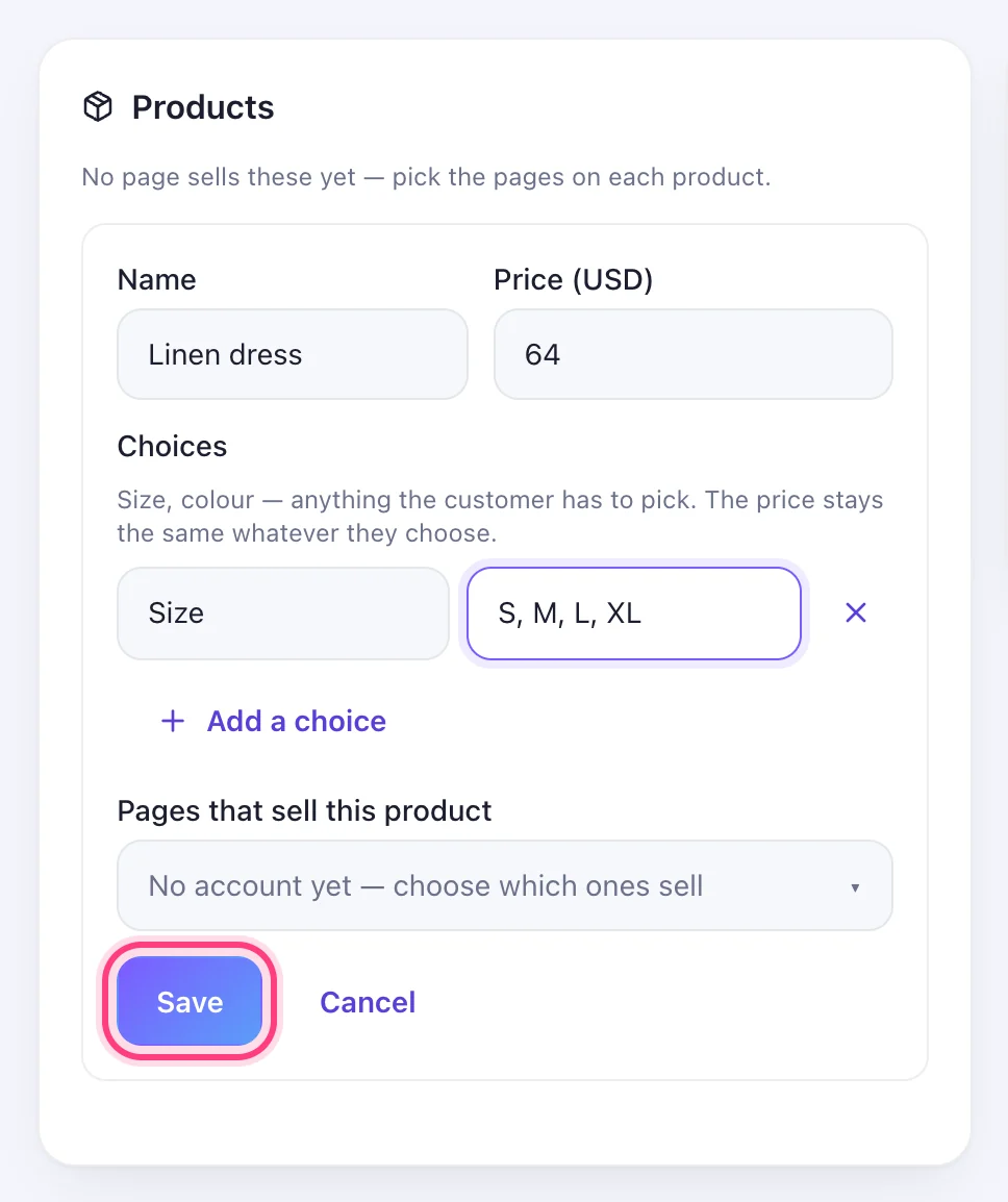 Name, price and the choices