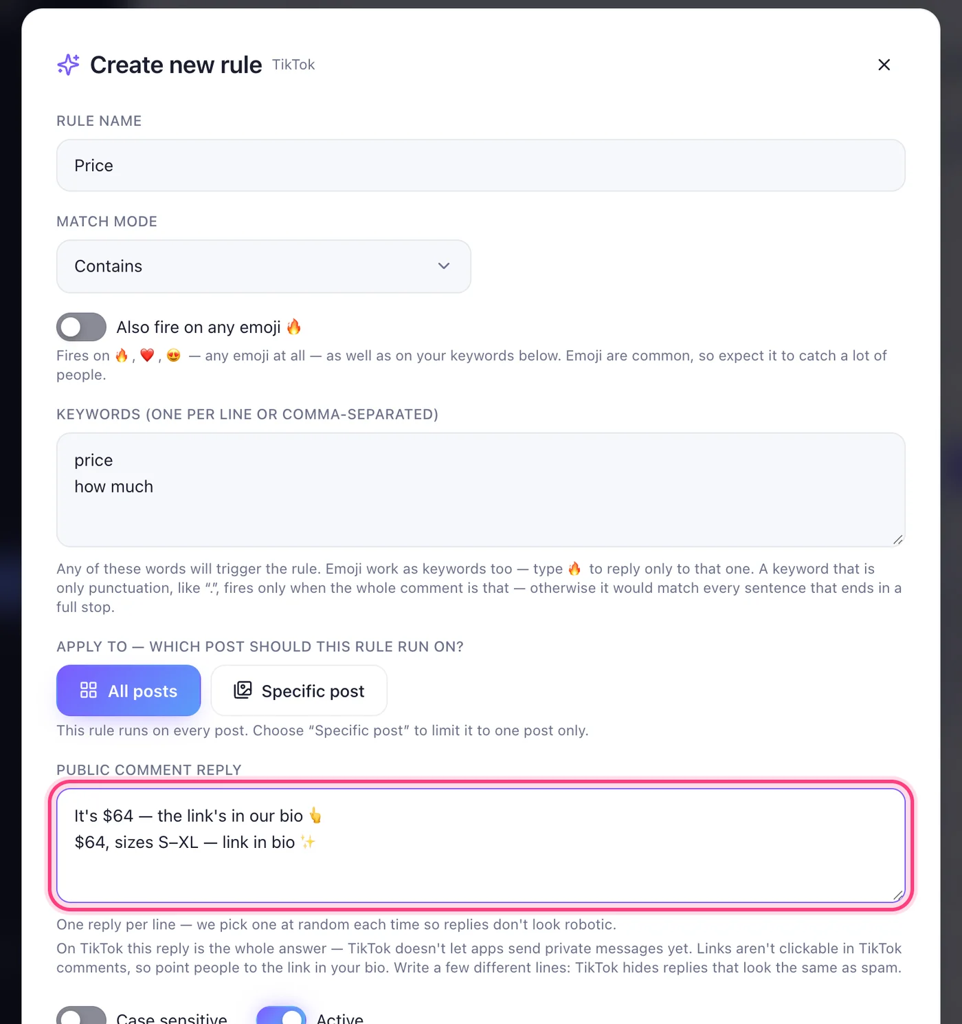 Write the keyword and the replies