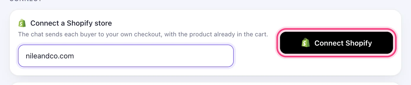 Type your store's address and press “Connect Shopify”