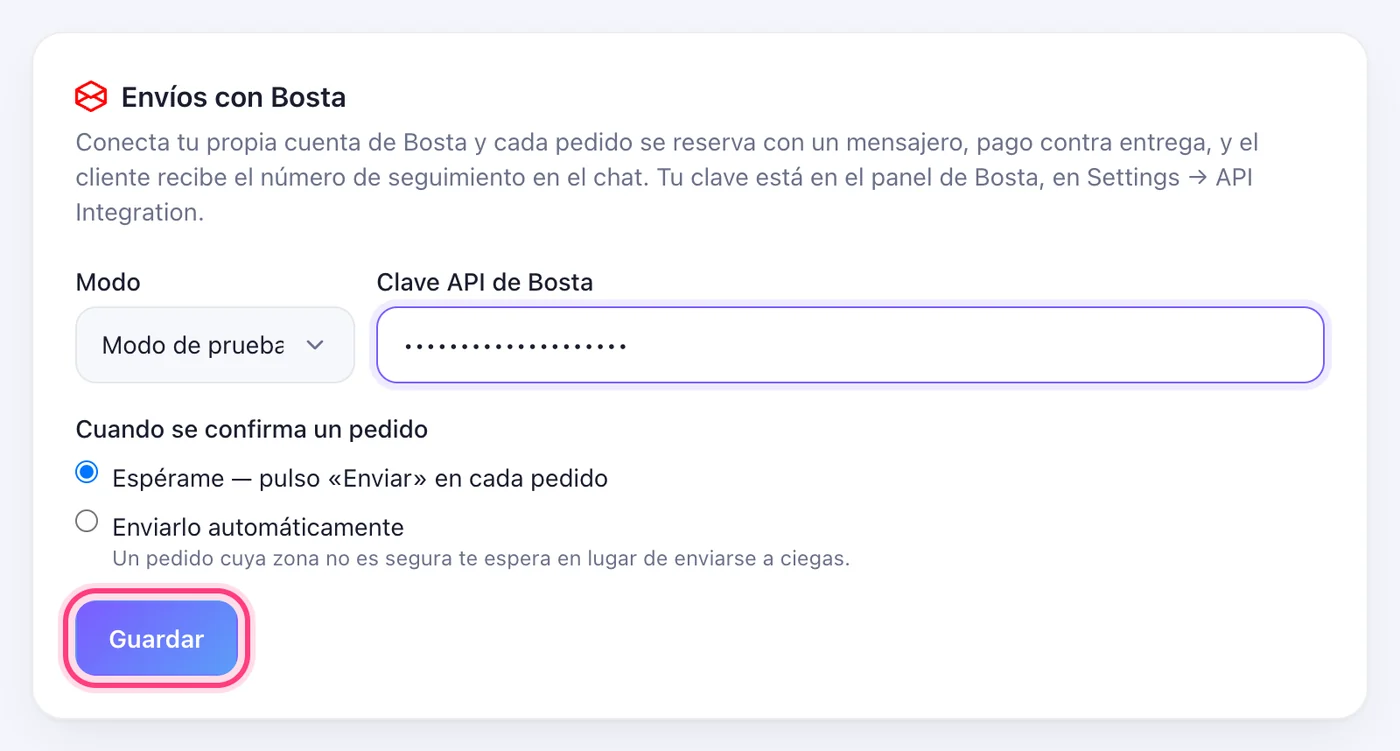 Pégala, elige cómo salen los pedidos y guarda