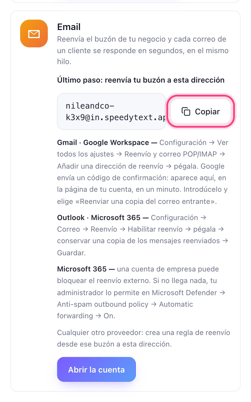 Copia tu dirección de reenvío