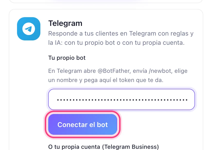 Pega el token y pulsa «Conectar el bot»