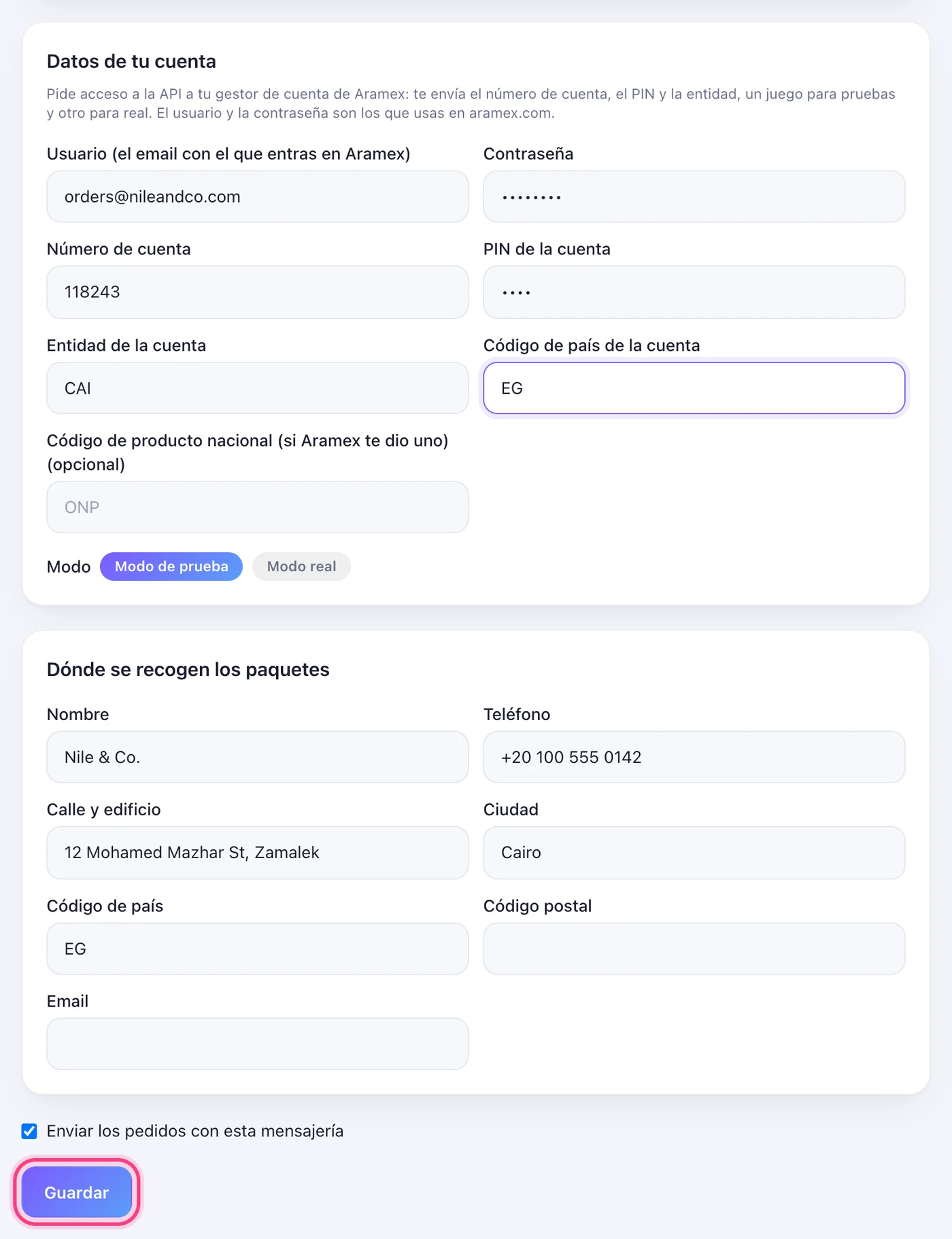 Rellena los datos de tu cuenta y la dirección de recogida, y guarda