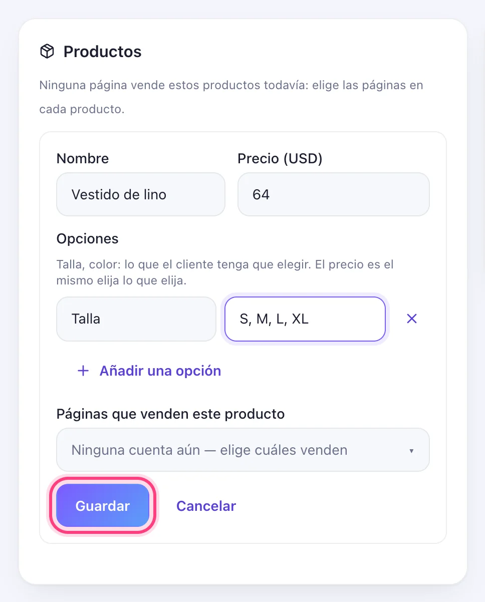 Nombre, precio y opciones