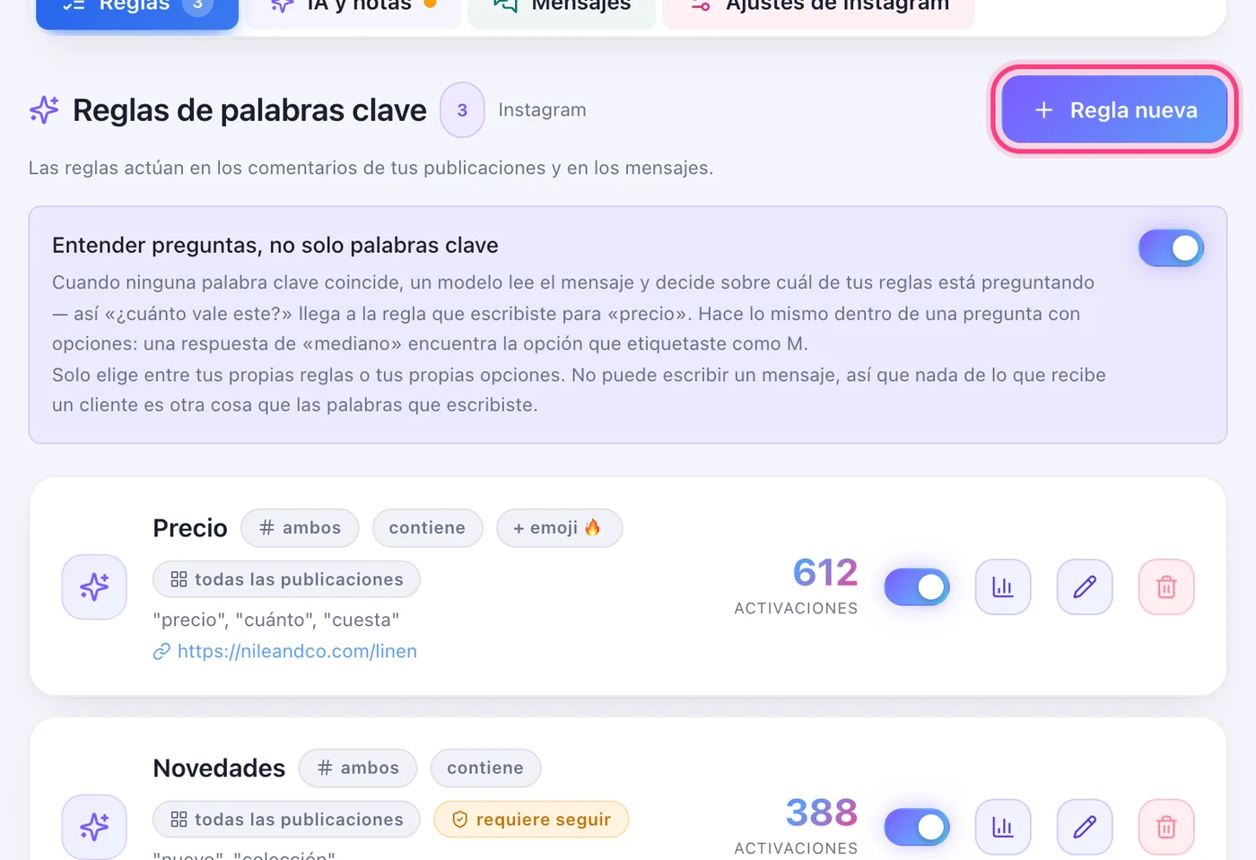 Abre la cuenta y pulsa «Regla nueva»