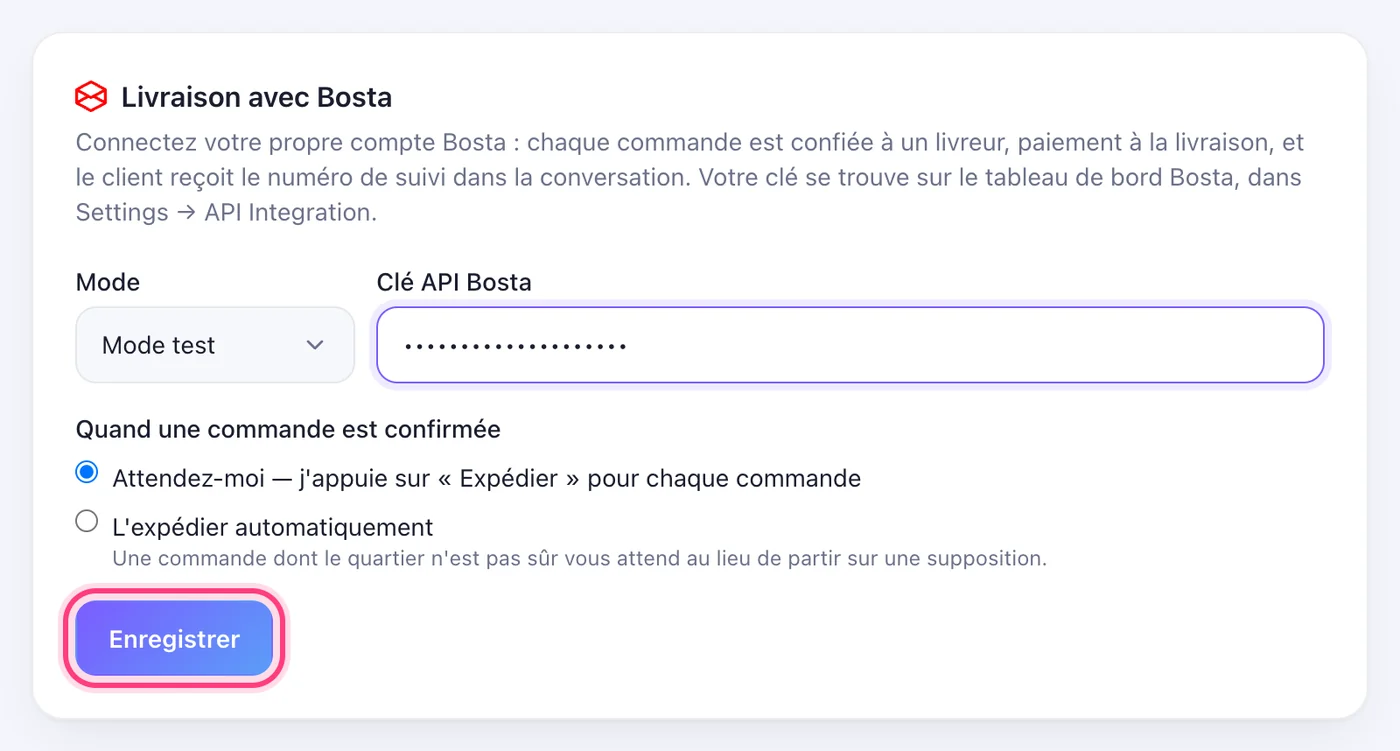 Collez-la, choisissez comment partent les commandes, et Enregistrez