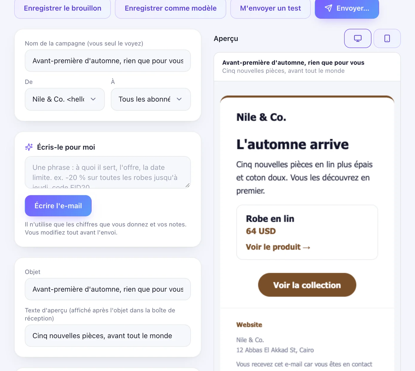Nom, expéditeur et objet