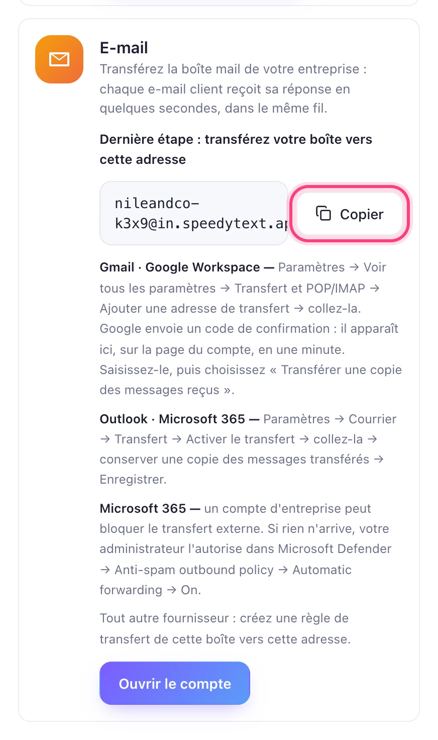 Copiez votre adresse de transfert