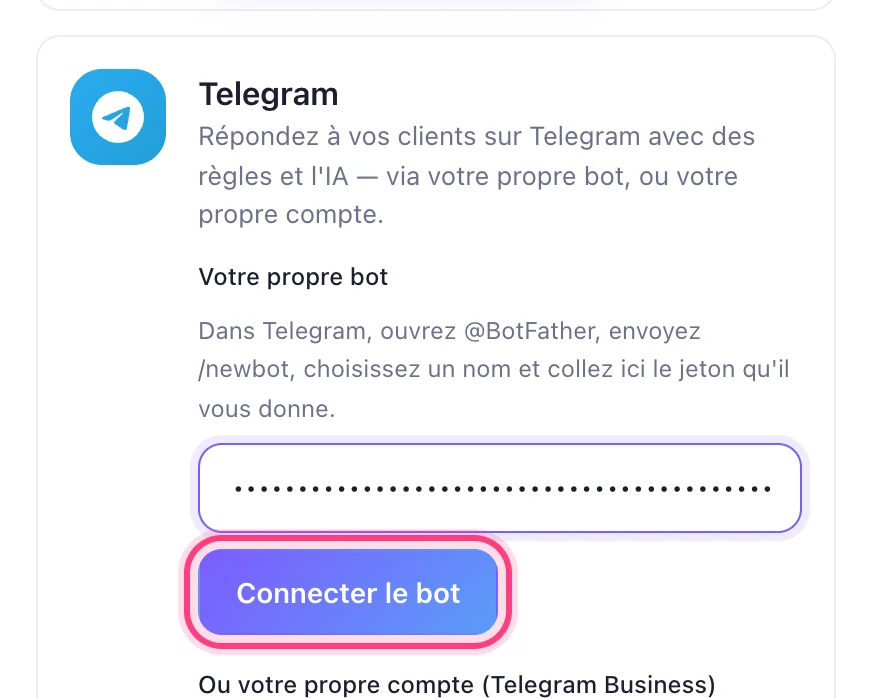 Collez le jeton et appuyez sur « Connecter le bot »