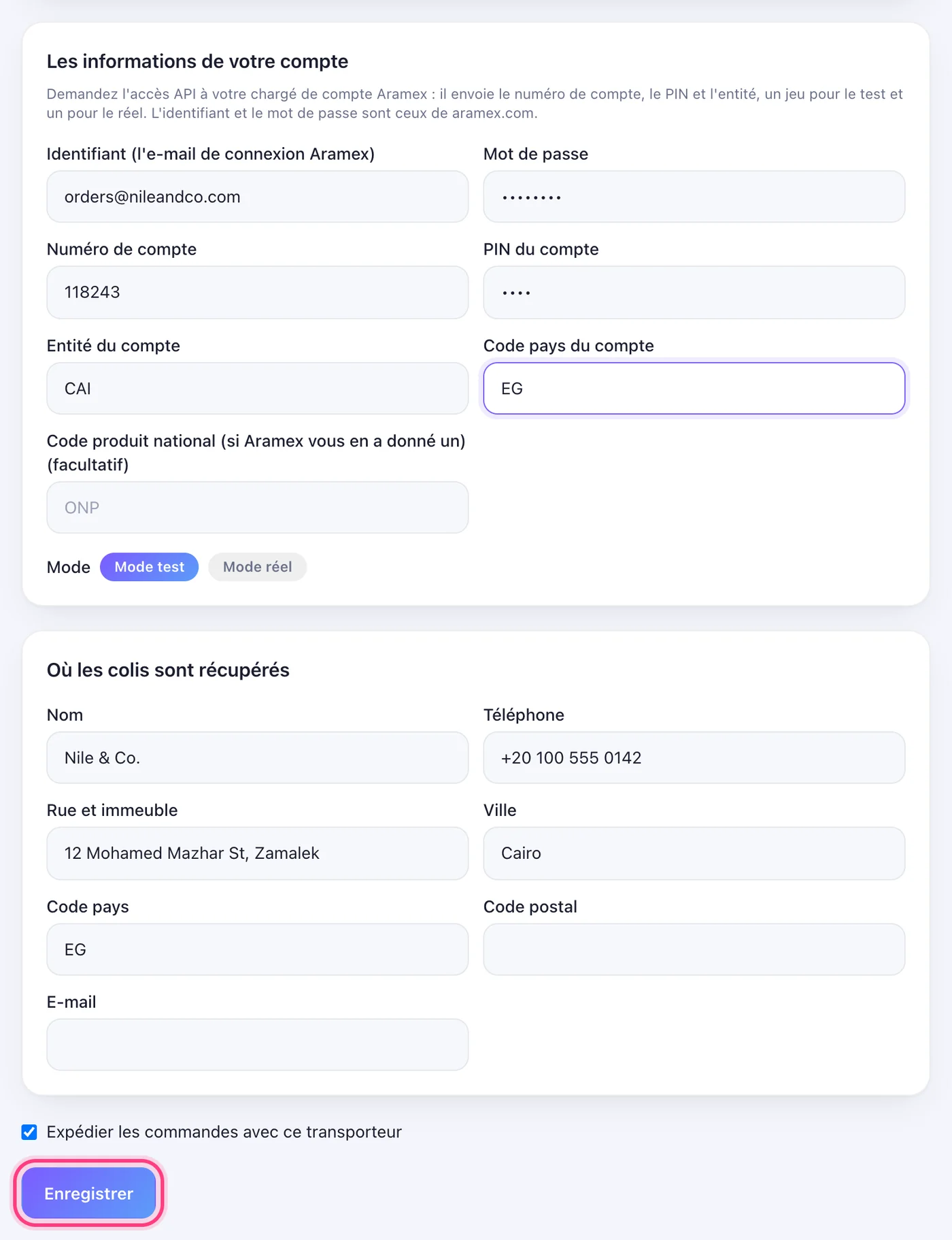 Remplissez les informations du compte et l'adresse d'enlèvement, puis enregistrez