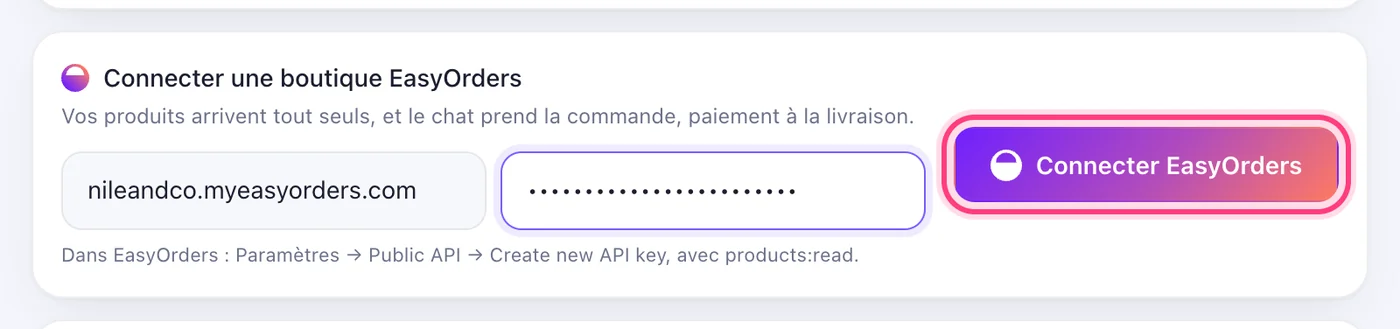 Collez-la et appuyez sur « Connecter EasyOrders »