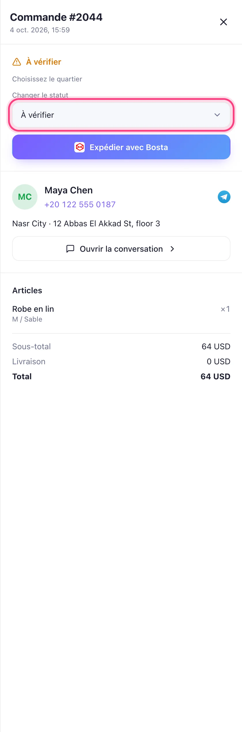 Ouvrez une commande