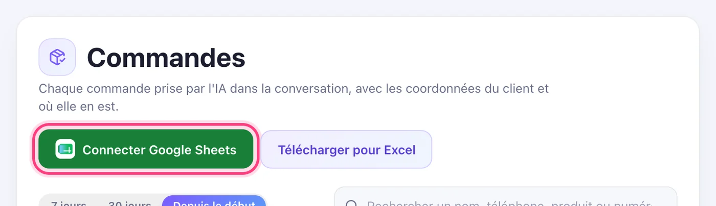 Vos commandes dans une feuille