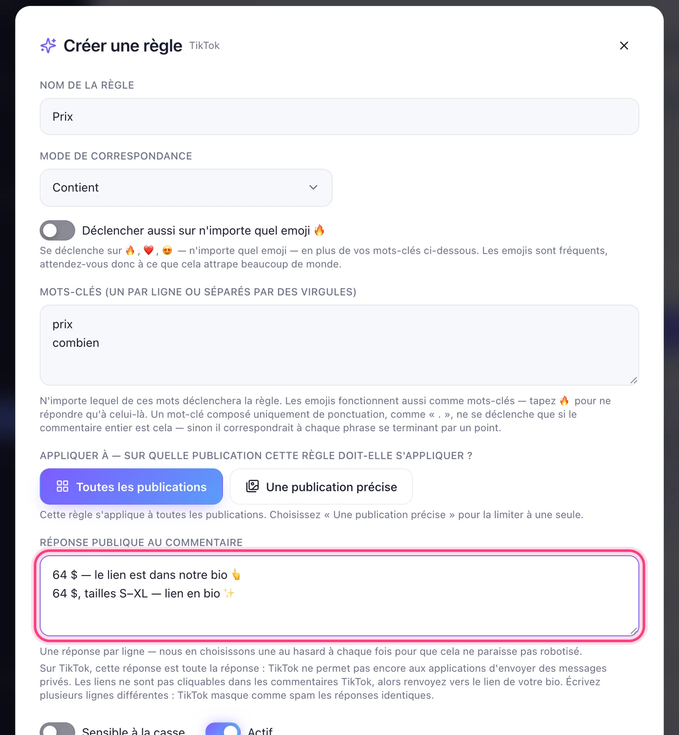 Écrivez le mot-clé et les réponses
