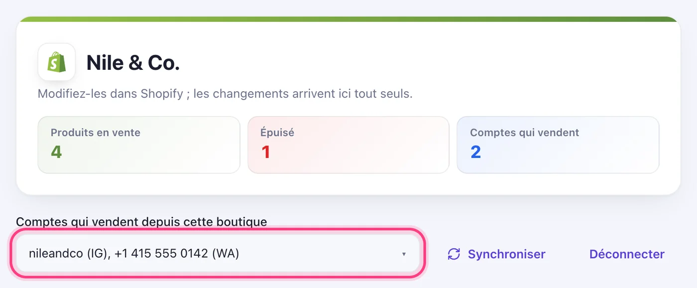 Cochez les comptes qui vendent depuis elle