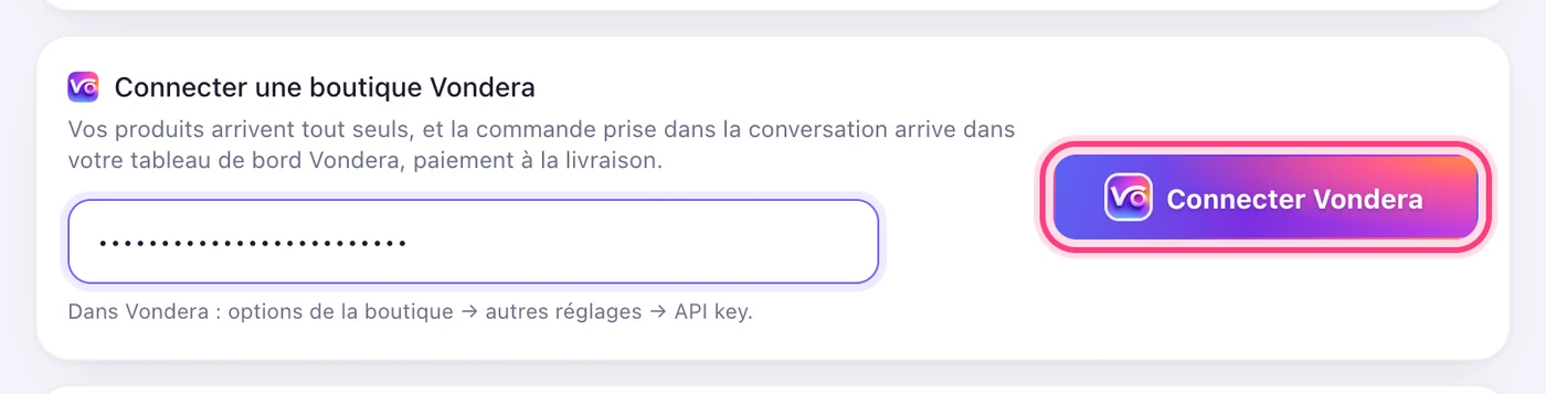 Collez-la et appuyez sur « Connecter Vondera »